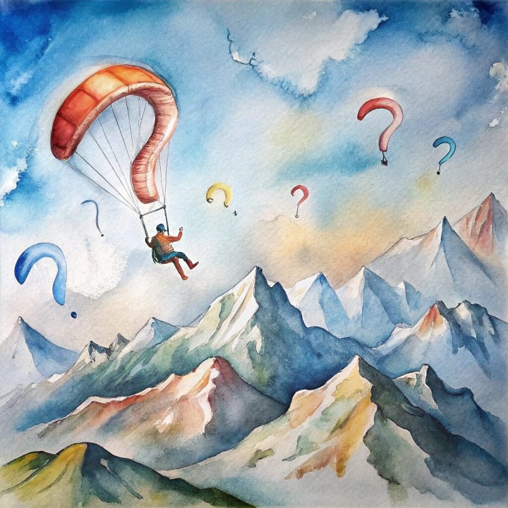 Illustration von Gleitschirmen in Form von Fragezeichen über einer Gebirgslandschaft mit schneebedeckten Gipfeln. Am blauen Himmel schweben farbige Fragezeichen und weitere Gleitschirme.