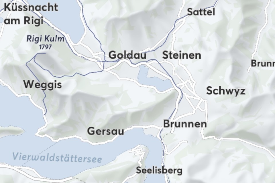 Detaillierte topografische Karte der Rigi-Region mit ihren Bahnen, den Orten Küssnacht am Rigi, Arth-Goldau, Schwyz, Brunnen und Weggis sowie den Voralpenseen Vierwaldstättersee, Zugersee und Lauerzersee.